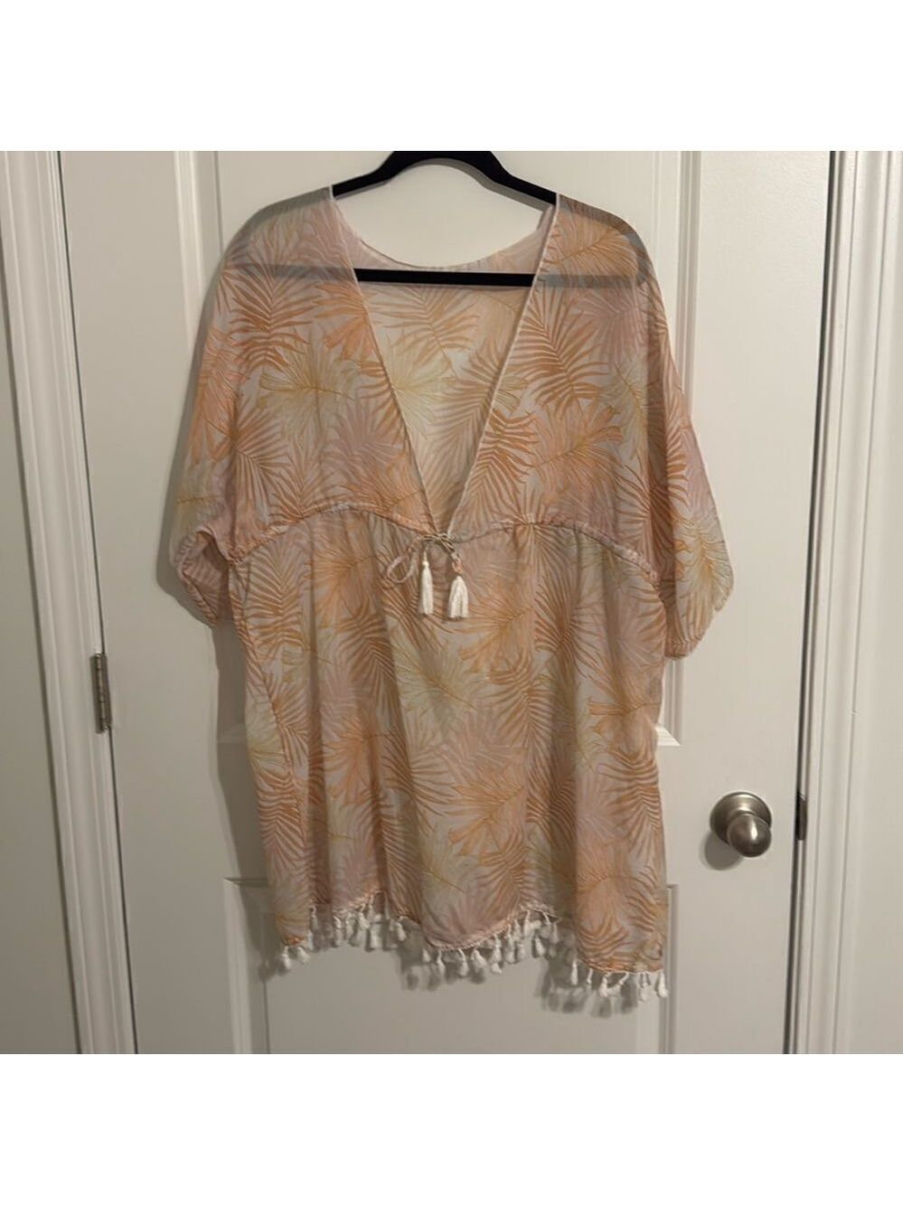 Nicole Miller Tan Tropical Swim Cover Up Tassel Hem Beach Coverup L - Picture 2 of 5